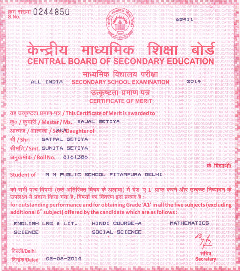 CBSE Merit Certificates of Students for achieving 10 CGPA in X Examinations