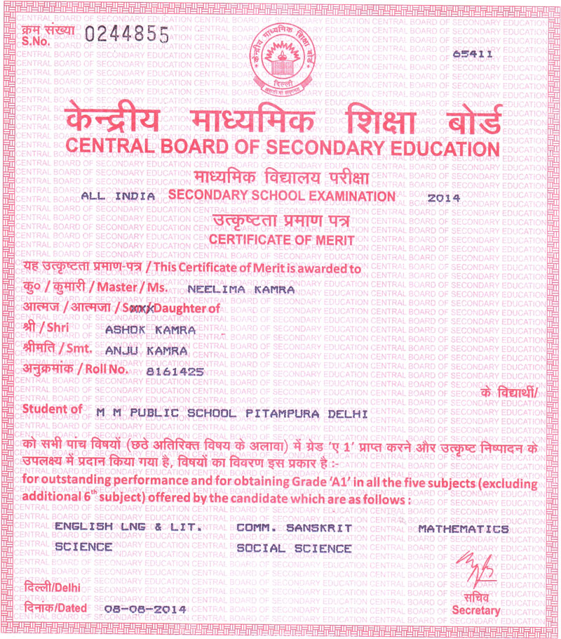 CBSE Merit Certificates of Students for achieving 10 CGPA in X Examinations