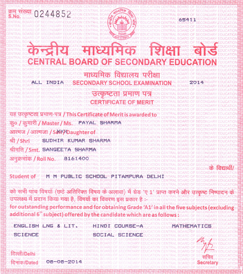 CBSE Merit Certificates of Students for achieving 10 CGPA in X Examinations