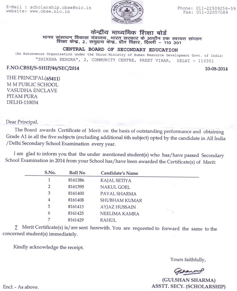 CBSE Merit Certificates of Students for achieving 10 CGPA in X Examinations