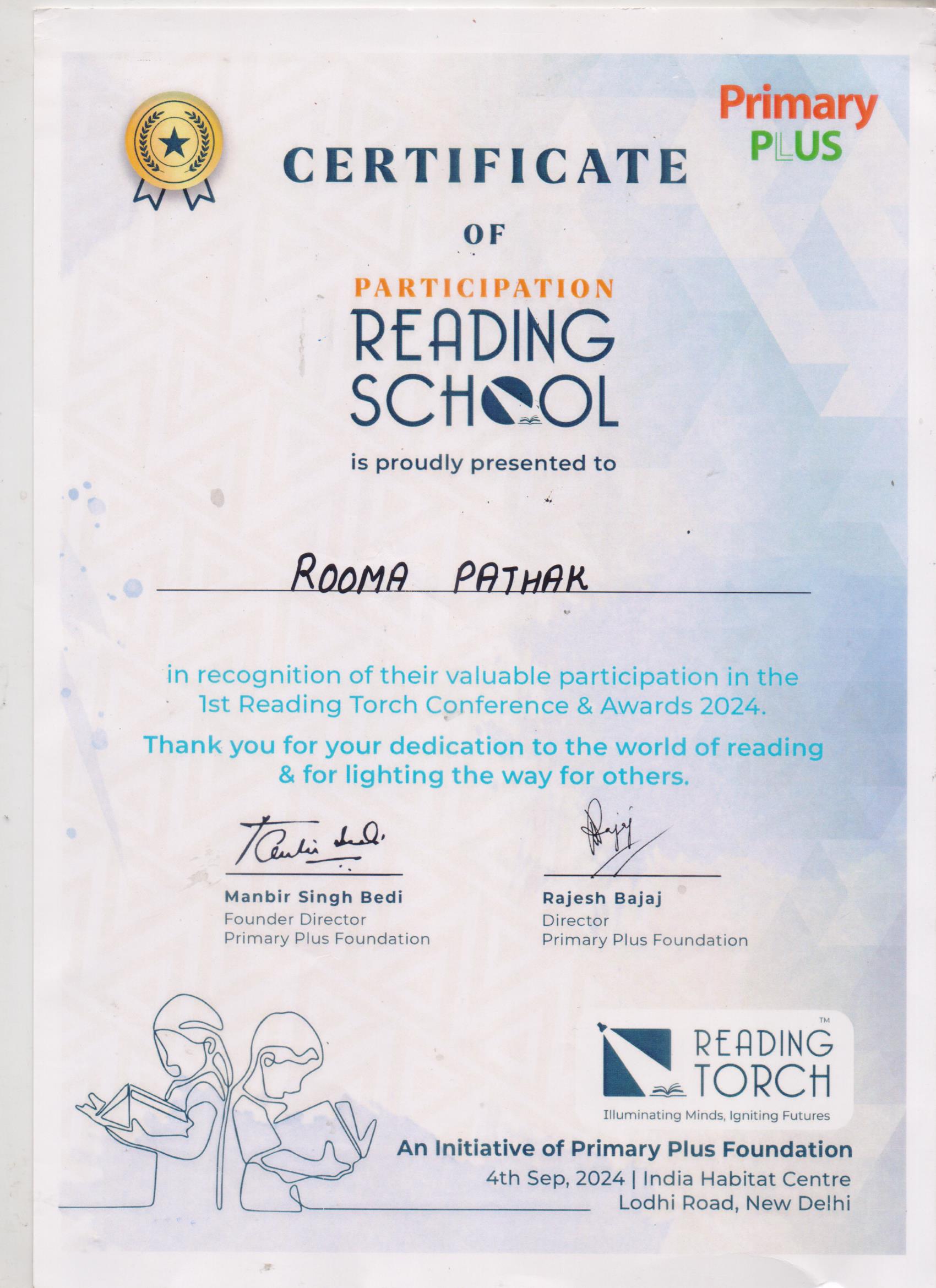 Honorable Principal Ma’am conferred with ‘The Reading Torch Award’