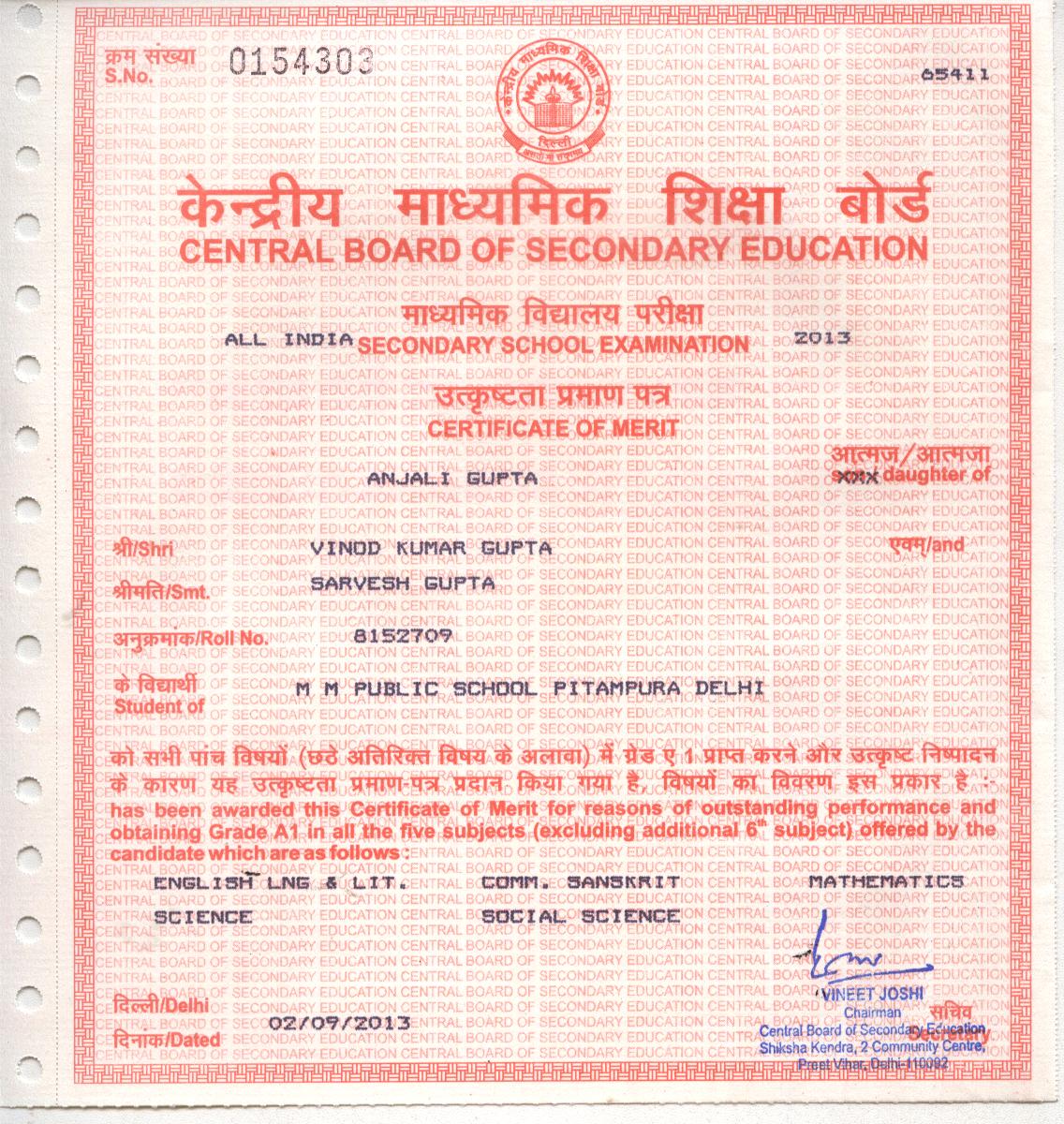 CBSE Merit Certificates 2012-13