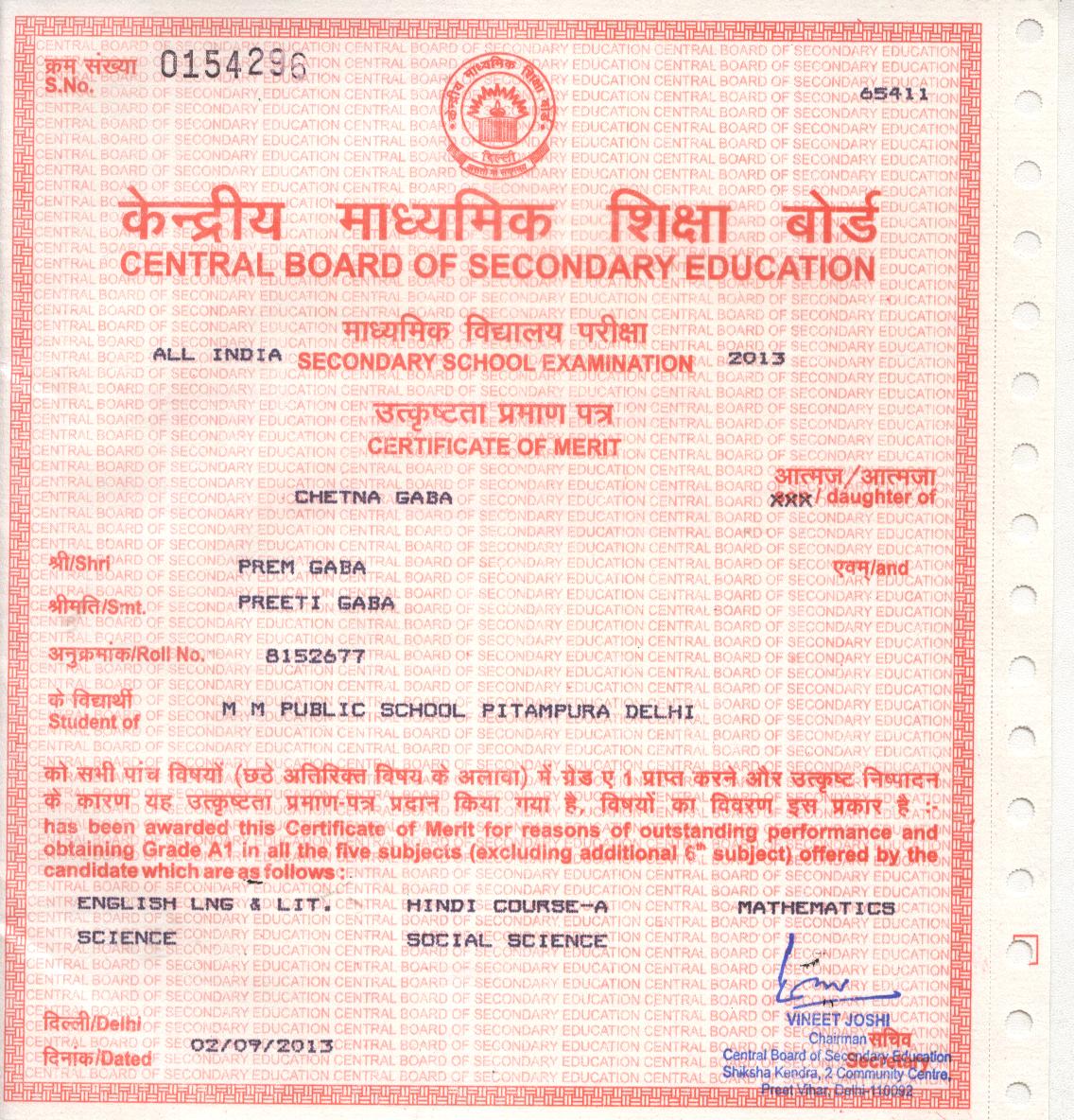 CBSE Merit Certificates 2012-13