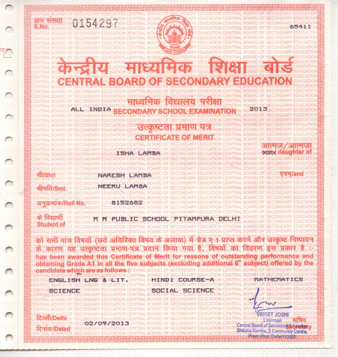 CBSE Merit Certificates 2012-13