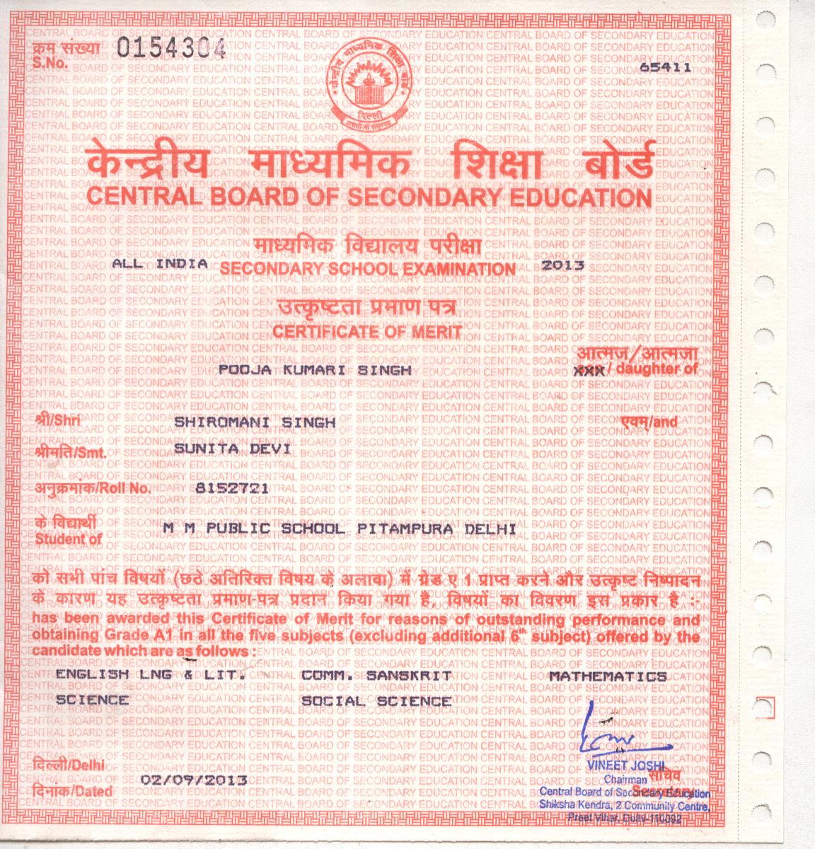 CBSE Merit Certificates 2012-13