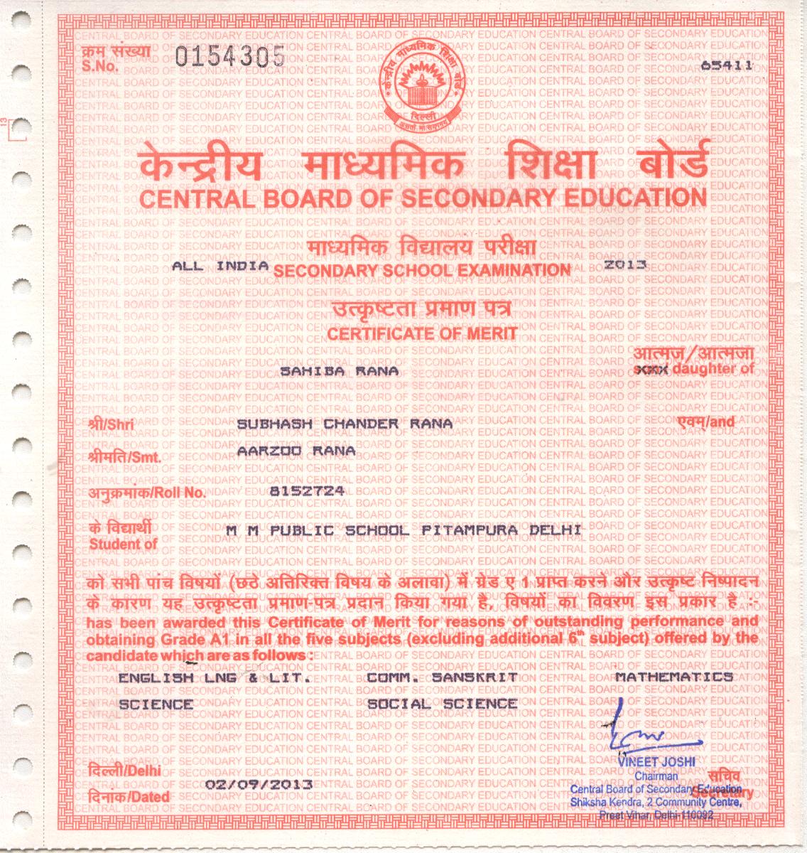 CBSE Merit Certificates 2012-13