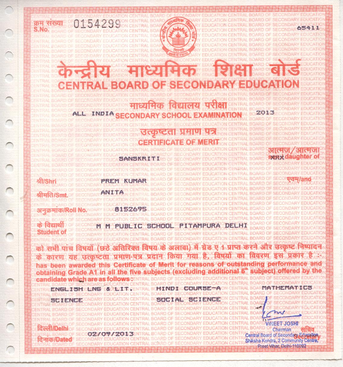 CBSE Merit Certificates 2012-13