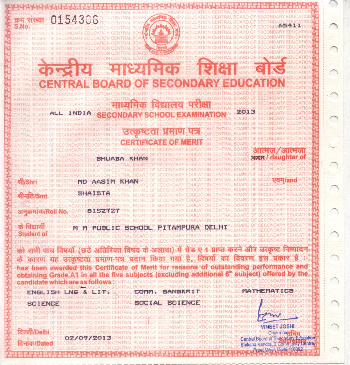 CBSE Merit Certificates 2012-13