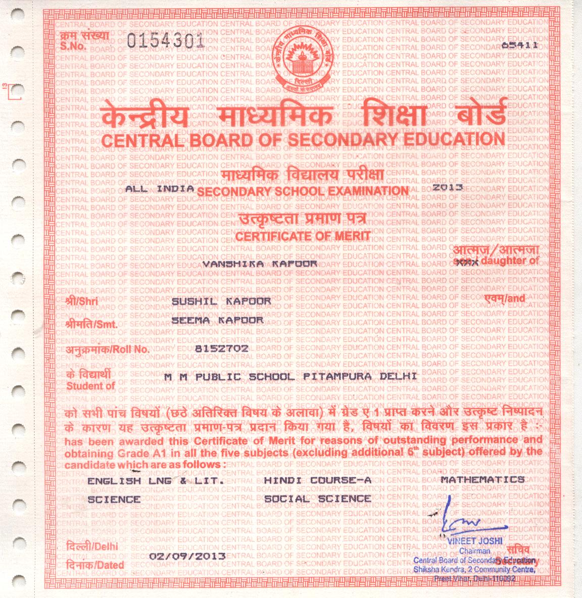 CBSE Merit Certificates 2012-13