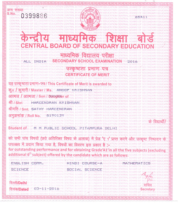CBSE Merit Certificates 2015-16