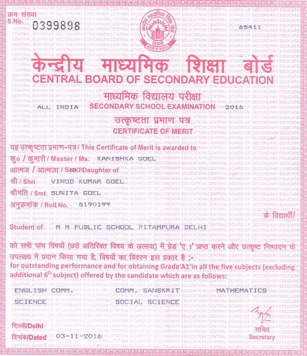 CBSE Merit Certificates 2015-16