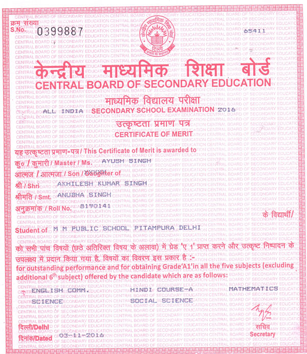 CBSE Merit Certificates 2015-16