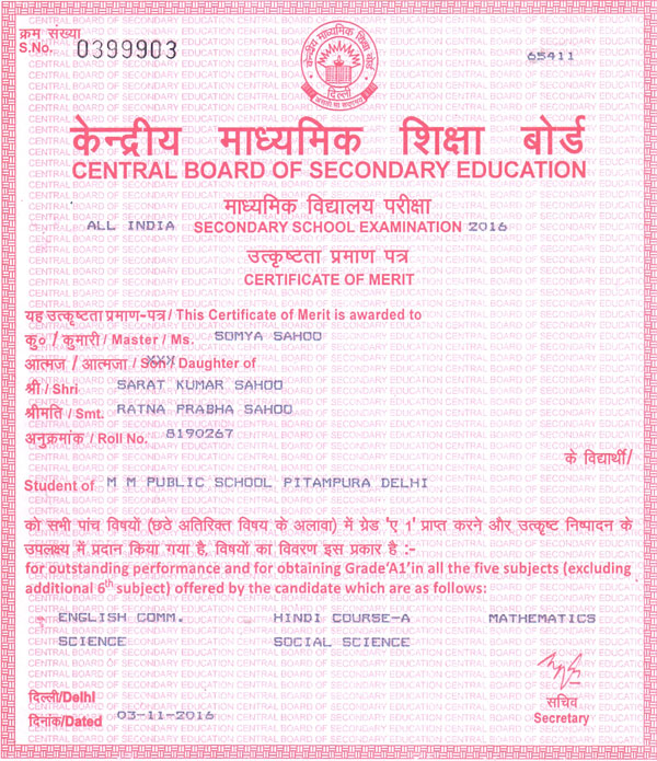 CBSE Merit Certificates 2015-16