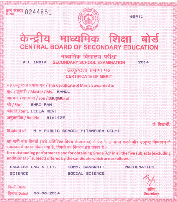 CBSE Merit Certificates 2013-14