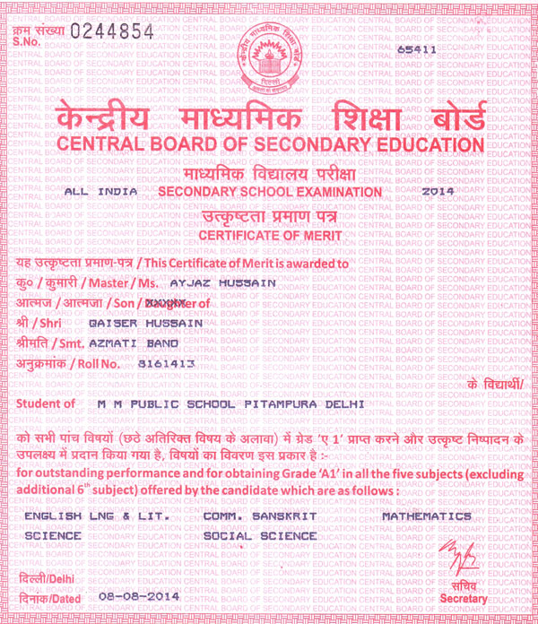 CBSE Merit Certificates 2013-14