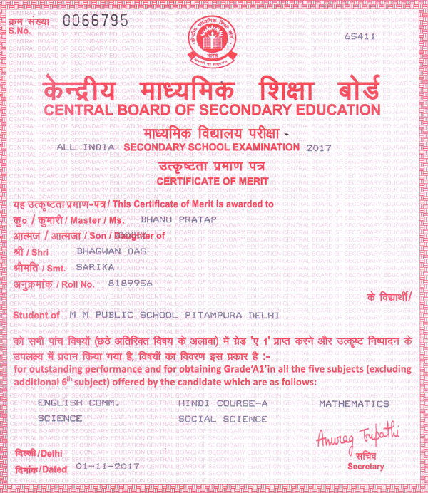 CBSE Merit Certificates 2016-17