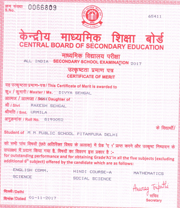 CBSE Merit Certificates 2016-17