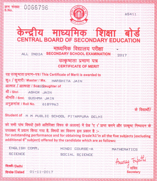 CBSE Merit Certificates 2016-17