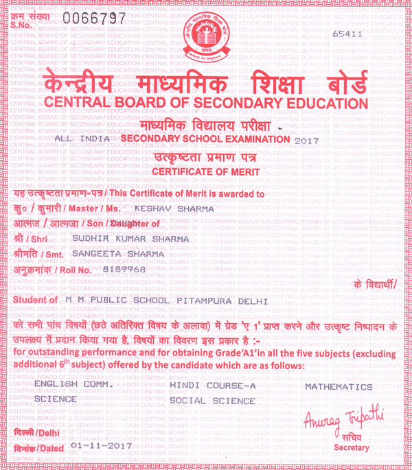 CBSE Merit Certificates 2016-17