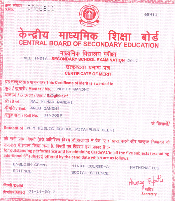 CBSE Merit Certificates 2016-17
