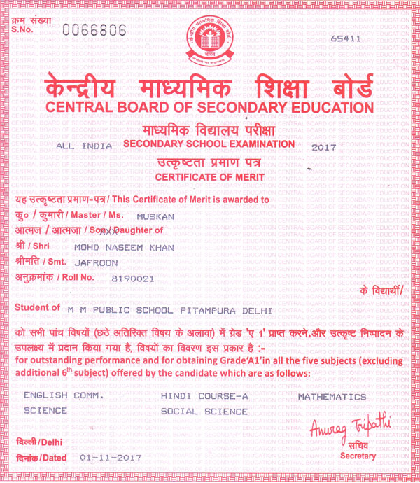 CBSE Merit Certificates 2016-17