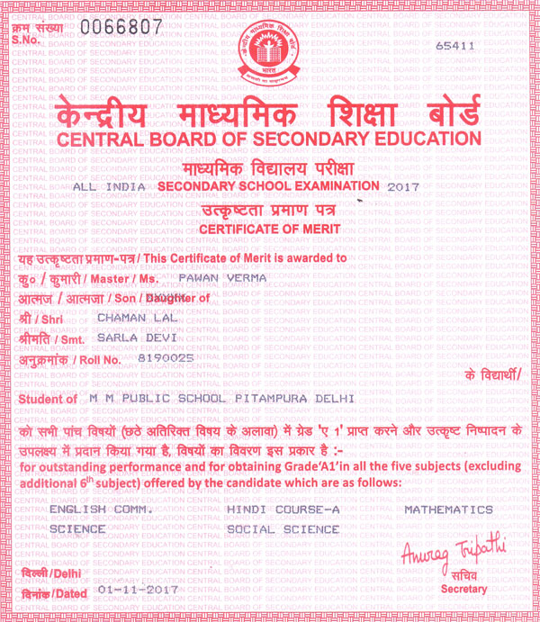 CBSE Merit Certificates 2016-17