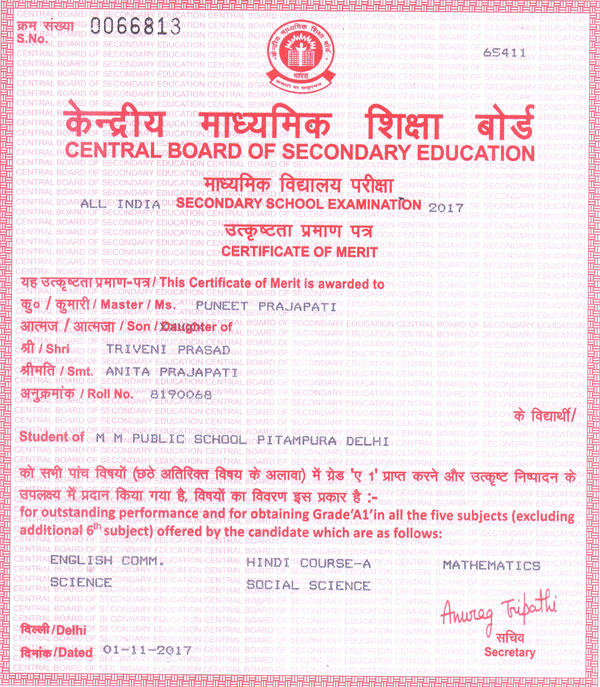 CBSE Merit Certificates 2016-17