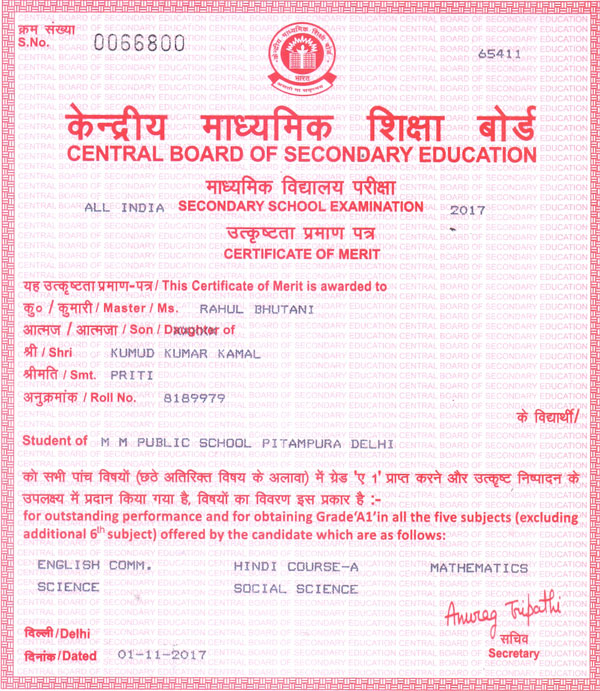 CBSE Merit Certificates 2016-17