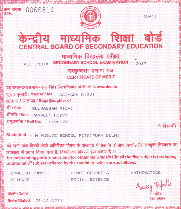 CBSE Merit Certificates 2016-17