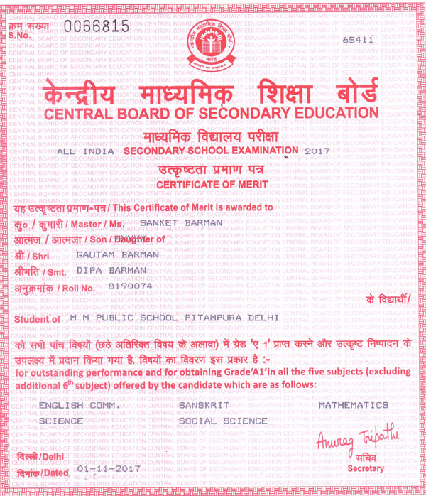 CBSE Merit Certificates 2016-17