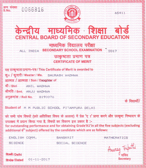 CBSE Merit Certificates 2016-17