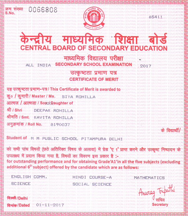 CBSE Merit Certificates 2016-17