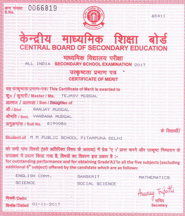 CBSE Merit Certificates 2016-17
