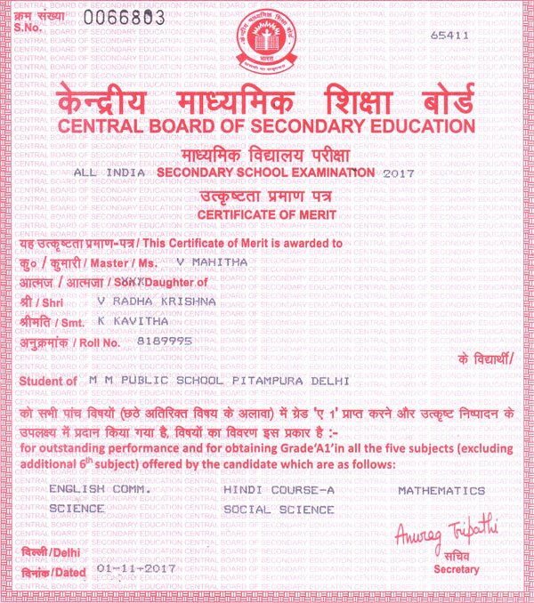 CBSE Merit Certificates 2016-17