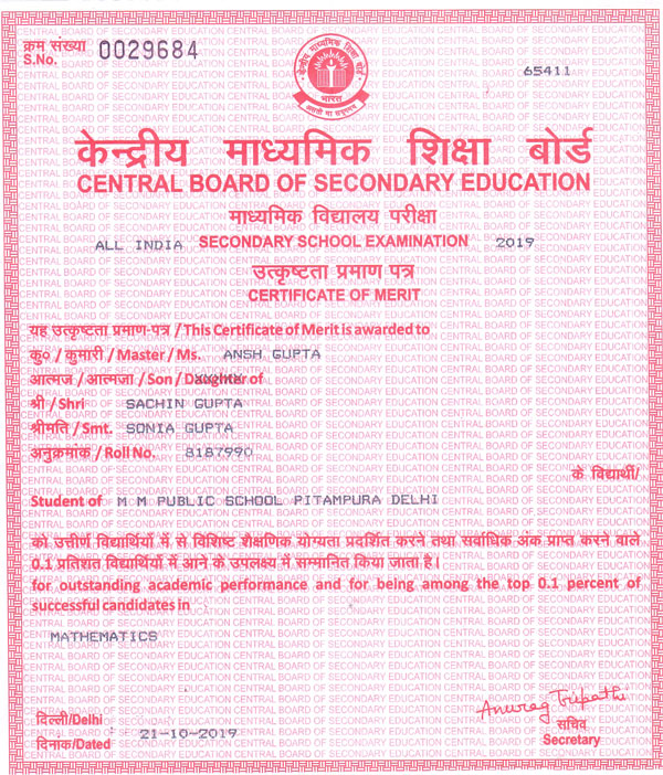 CBSE Merit Certificates 2018-19