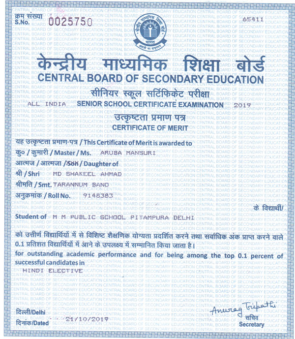 CBSE Merit Certificates 2018-19