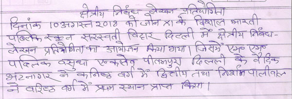 Position in Hindi Essay Writing Zonal Competition