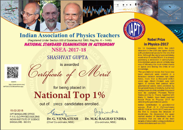 Position in National Standard Examination in Astronomy (NSEA)