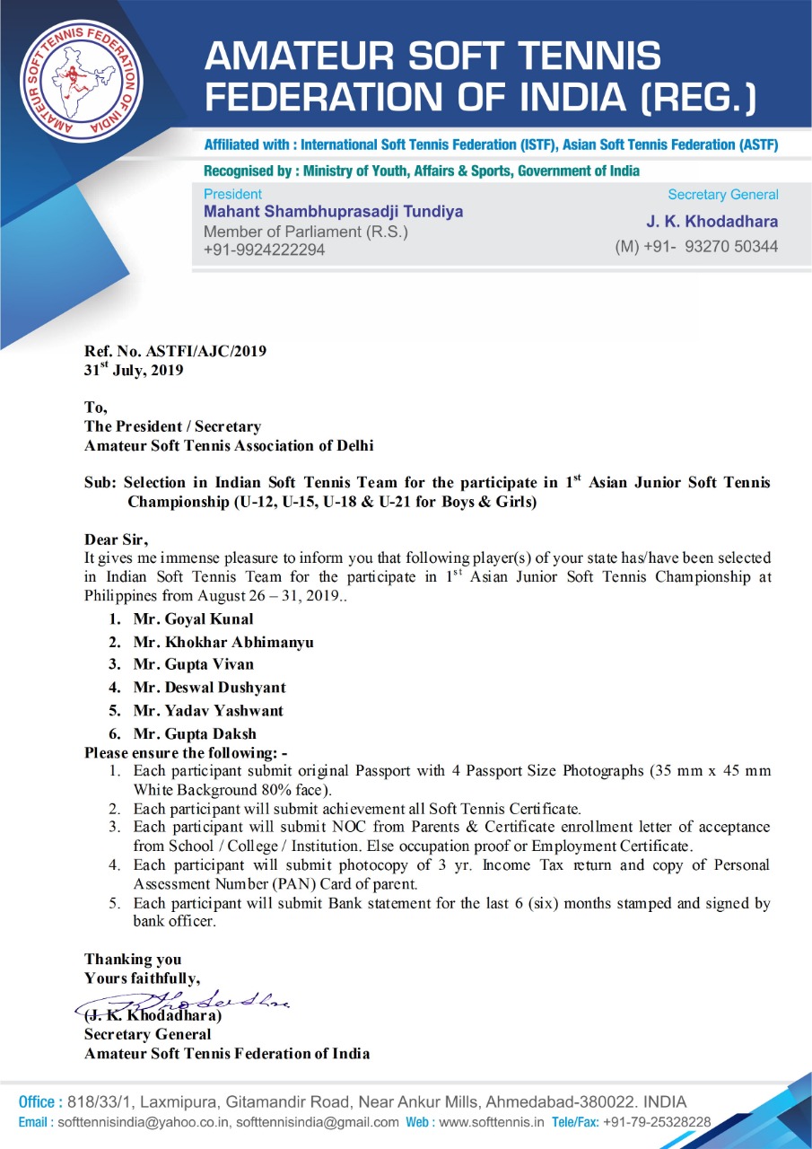 Selection in Indian Soft Tennis Team for participate in 1st Asian Soft Tennis Championship