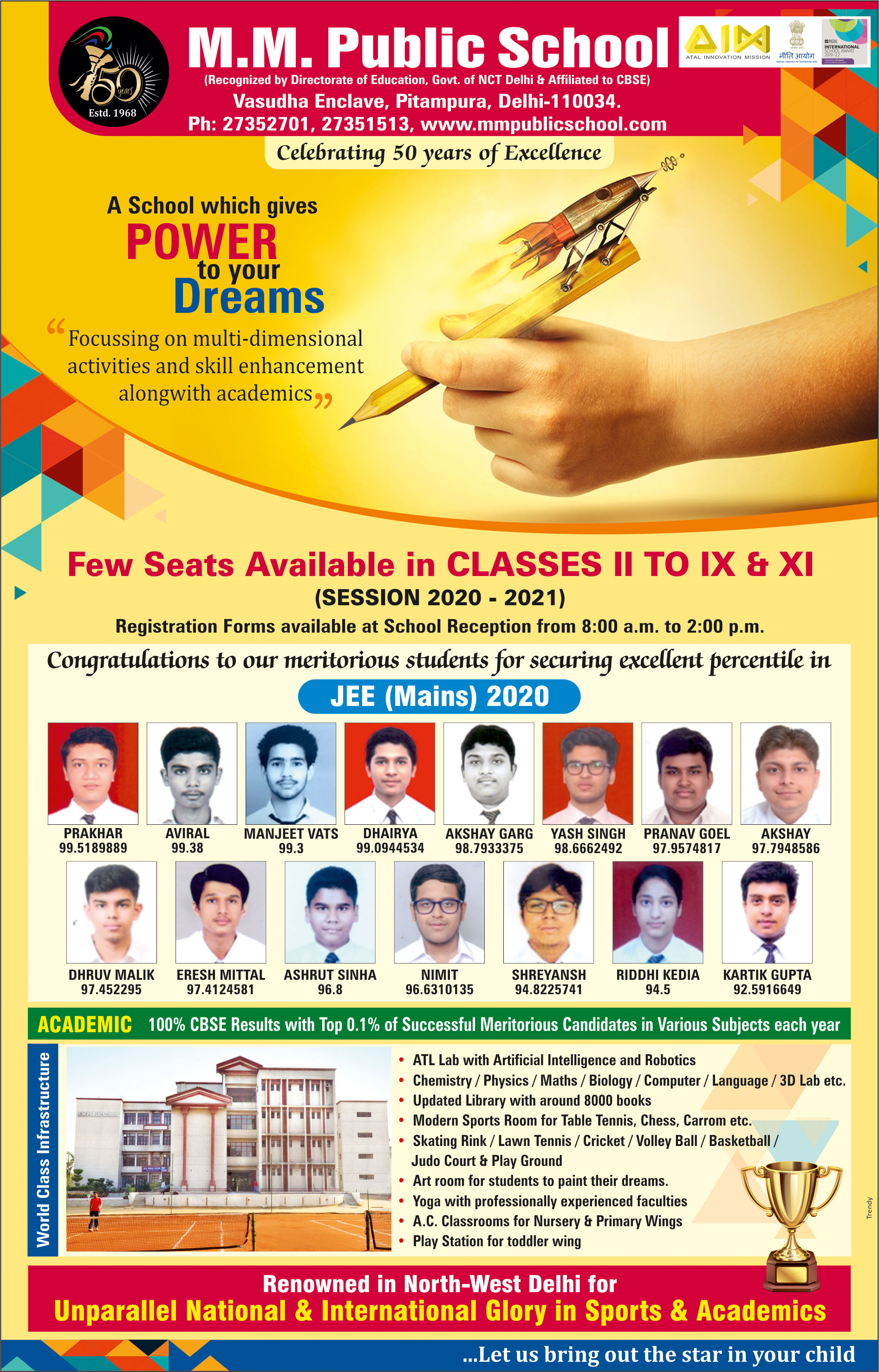 Congratulations to Meritorious students for excellent percentile in JEE (Mains) 2020