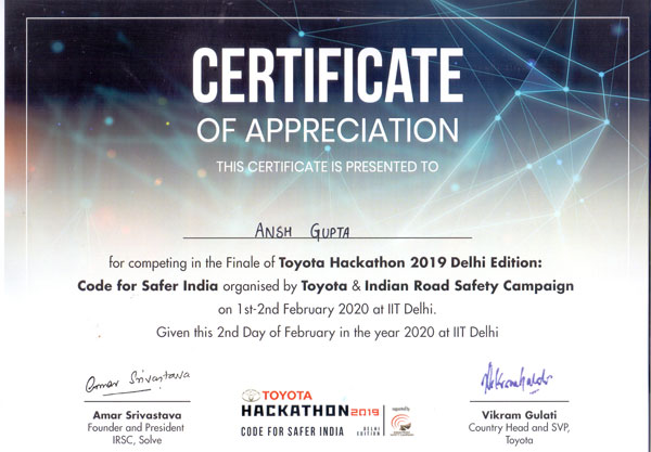 Toyota Hackathon   – CODE FOR SAFER INDIA  2019