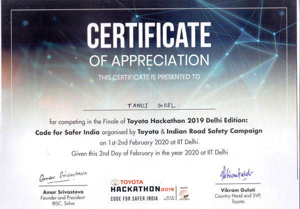 Toyota Hackathon   – CODE FOR SAFER INDIA  2019