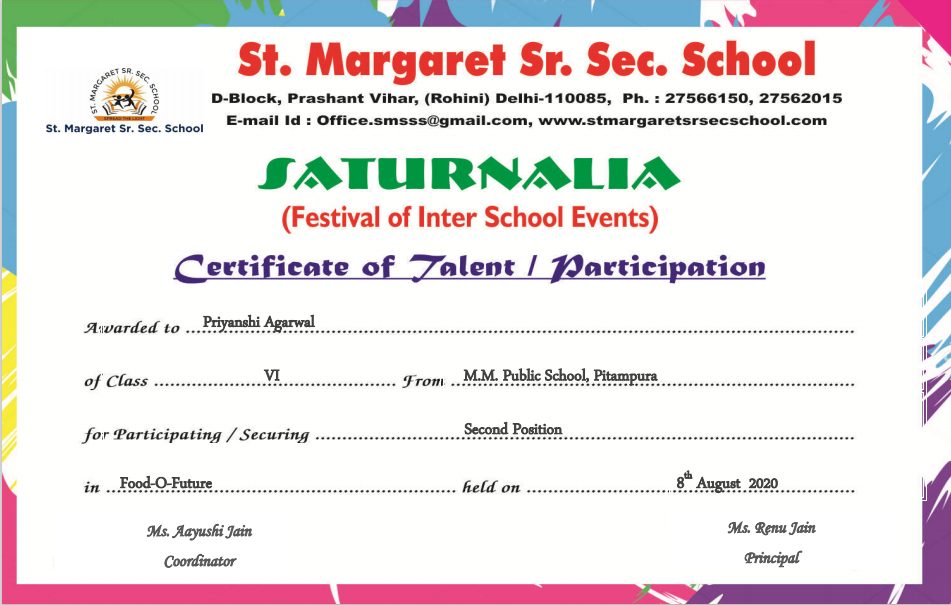 Position in Inter School competition 