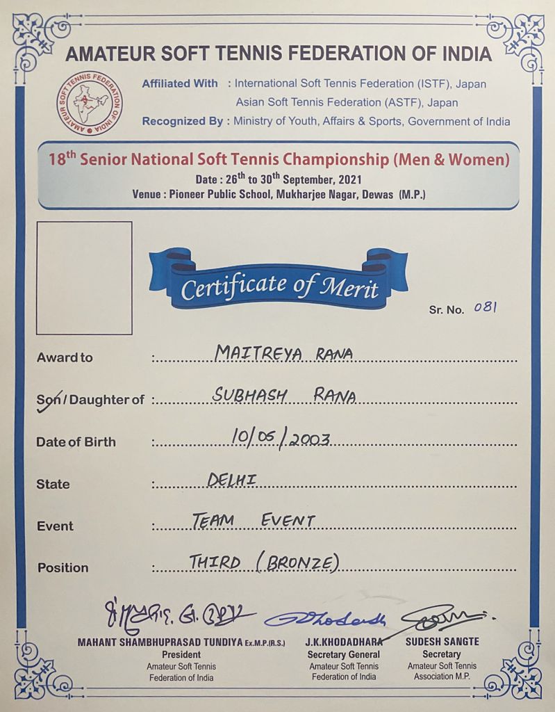 Position at National Level in Soft Tennis