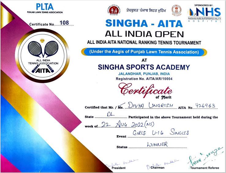 Achievement in National Series Tennis Tournament