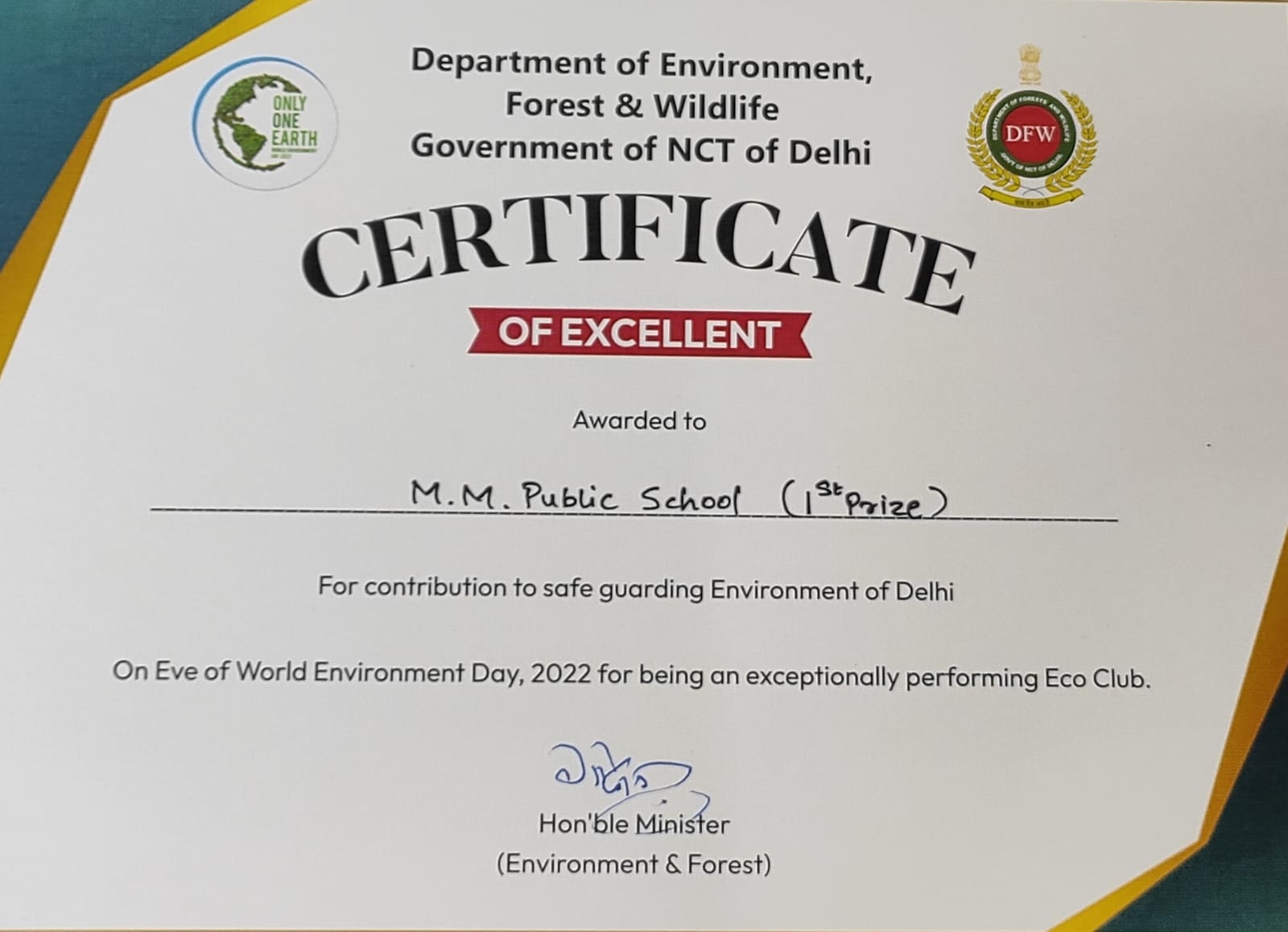 BEST ECO CLUB AWARD 2022 by Ministry of Environment, Forest & Wildlife, Govt. of NCT Delhi