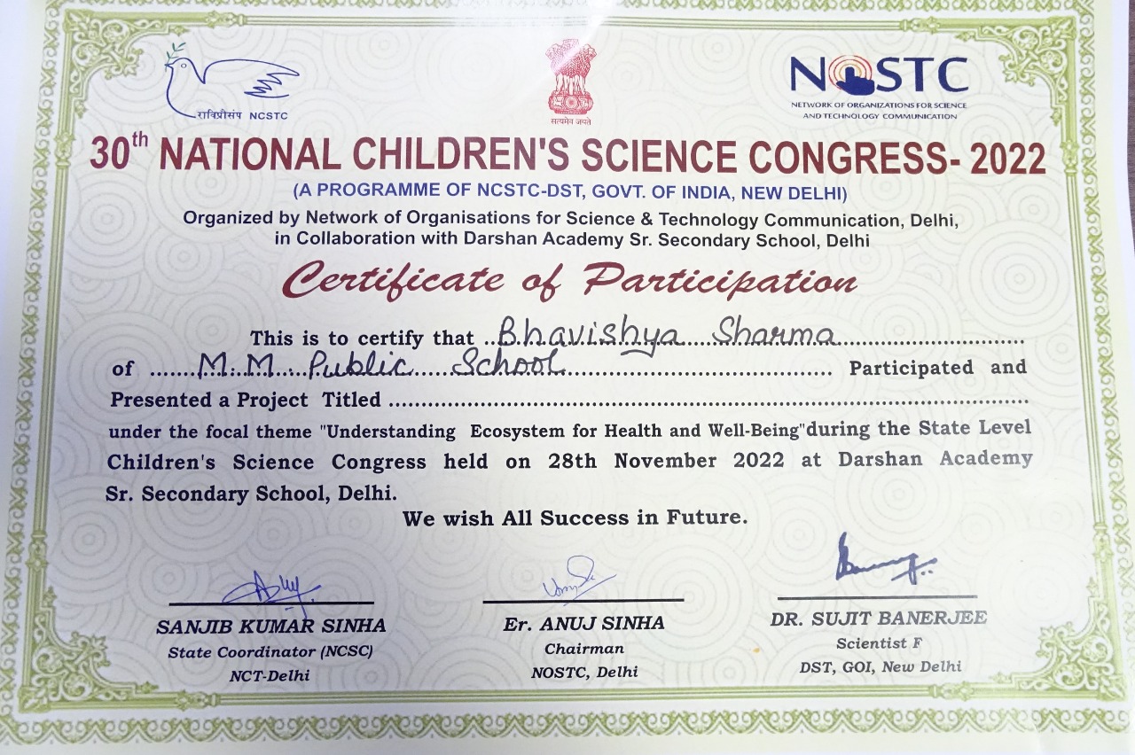 Excellent Achievement in District Level Children Science Congress 2022