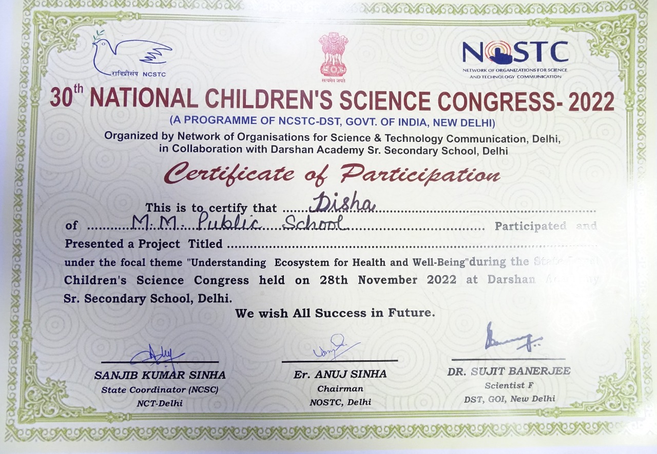 Excellent Achievement in District Level Children Science Congress 2022