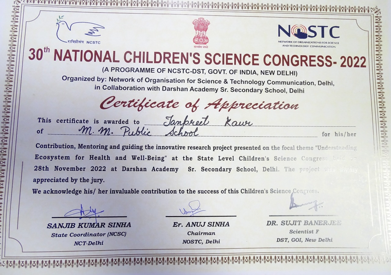 Excellent Achievement in District Level Children Science Congress 2022