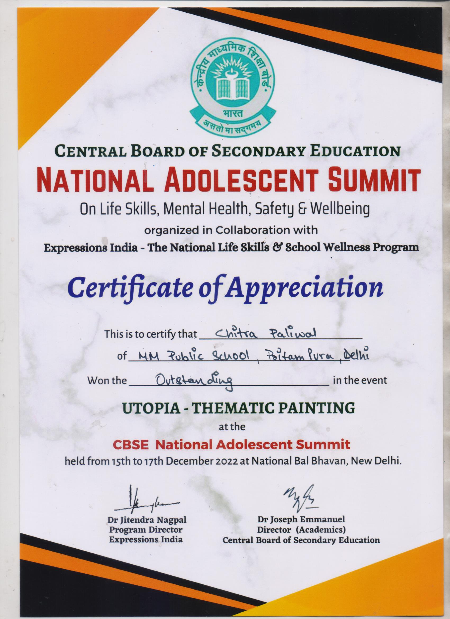 Distinctive Participation in CBSE National Adolescent Summit-2022  on Life Skills, Mental Health, Safety & Well Being